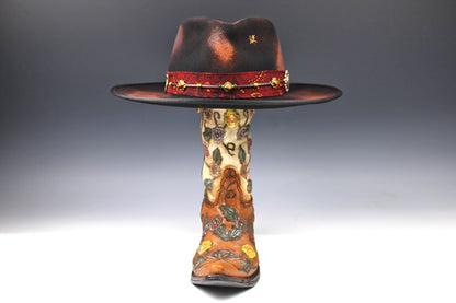 One Off Custom Fedora Hat: Black & Brown with Distressed Effect Wool Felt with gold detailing & paisley silk hat band size Small 55cm