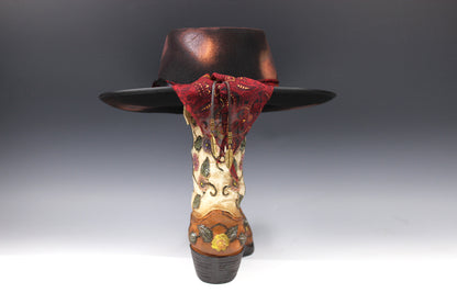 One Off Custom Fedora Hat: Black & Brown with Distressed Effect Wool Felt with gold detailing & paisley silk hat band size Small 55cm