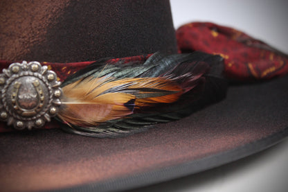 One Off Custom Fedora Hat: Black & Brown with Distressed Effect Wool Felt with gold detailing & paisley silk hat band size Small 55cm