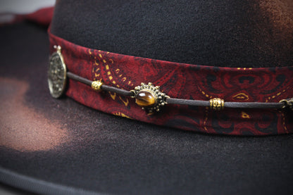 One Off Custom Fedora Hat: Black & Brown with Distressed Effect Wool Felt with gold detailing & paisley silk hat band size Small 55cm
