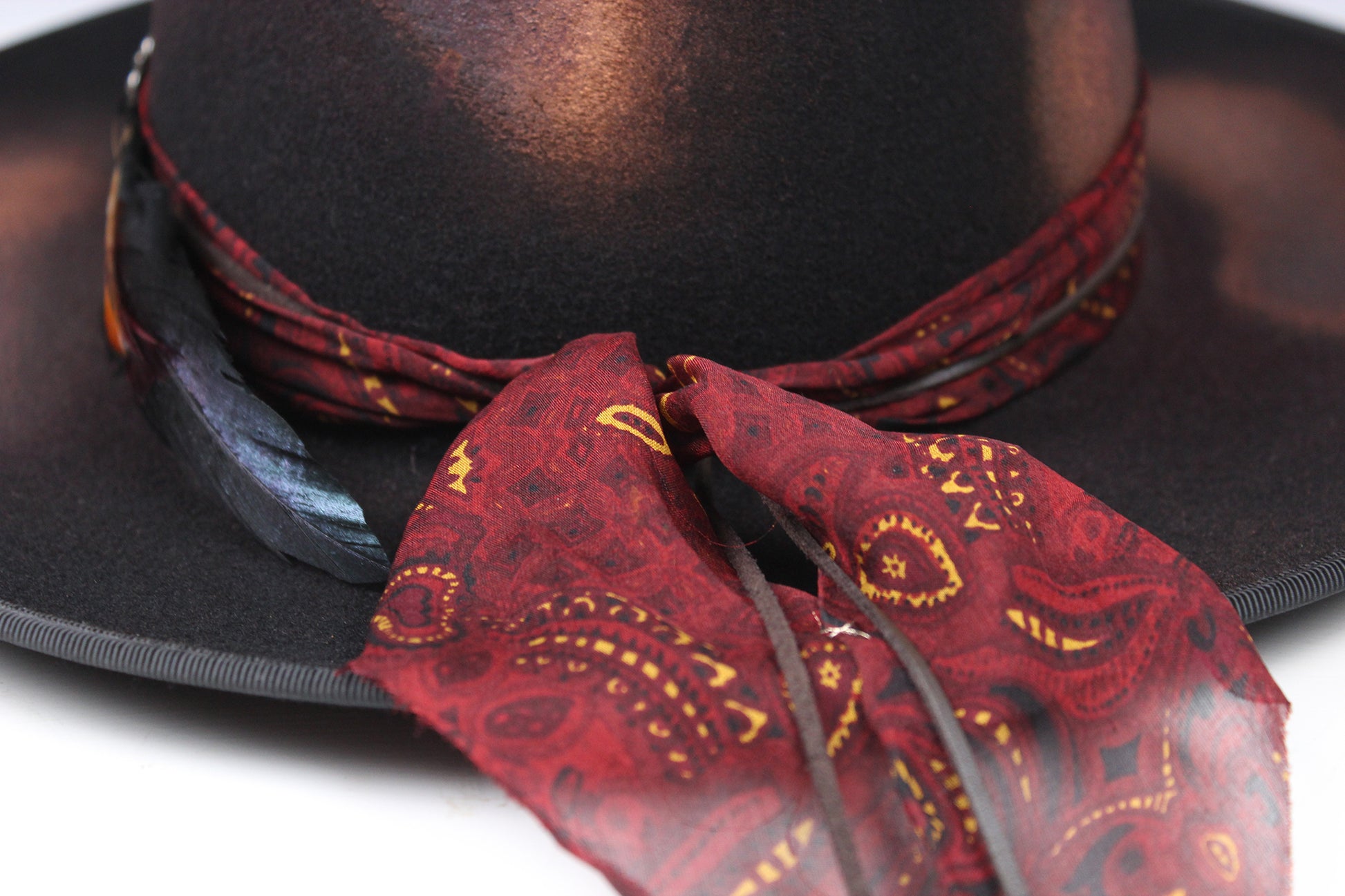 One Off Custom Fedora Hat: Black & Brown with Distressed Effect Wool Felt with gold detailing & paisley silk hat band size Small 55cm
