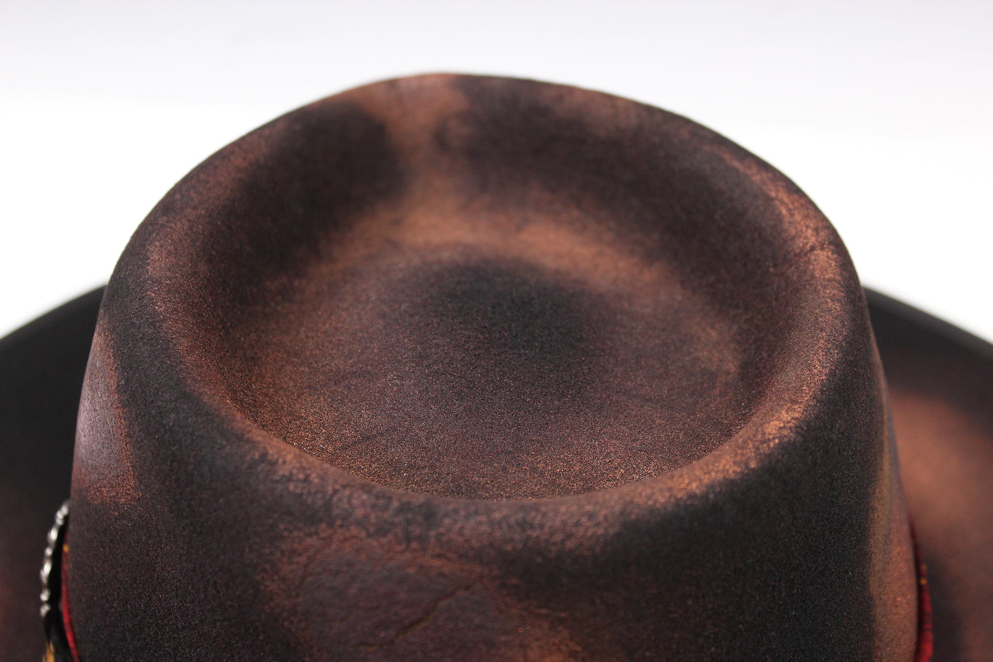 One Off Custom Fedora Hat: Black & Brown with Distressed Effect Wool Felt with gold detailing & paisley silk hat band size Small 55cm