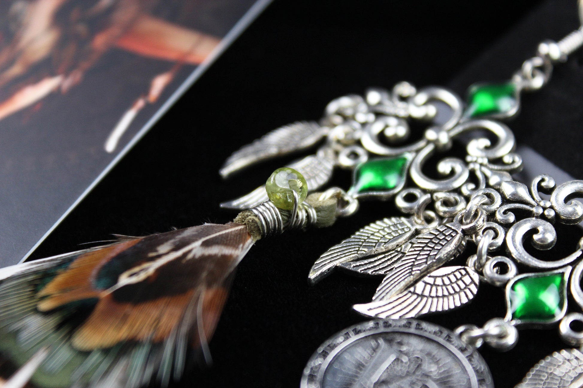 Emerald Forest Feather Earrings : Bohemian Style Feather Earrings With A Filigree Design