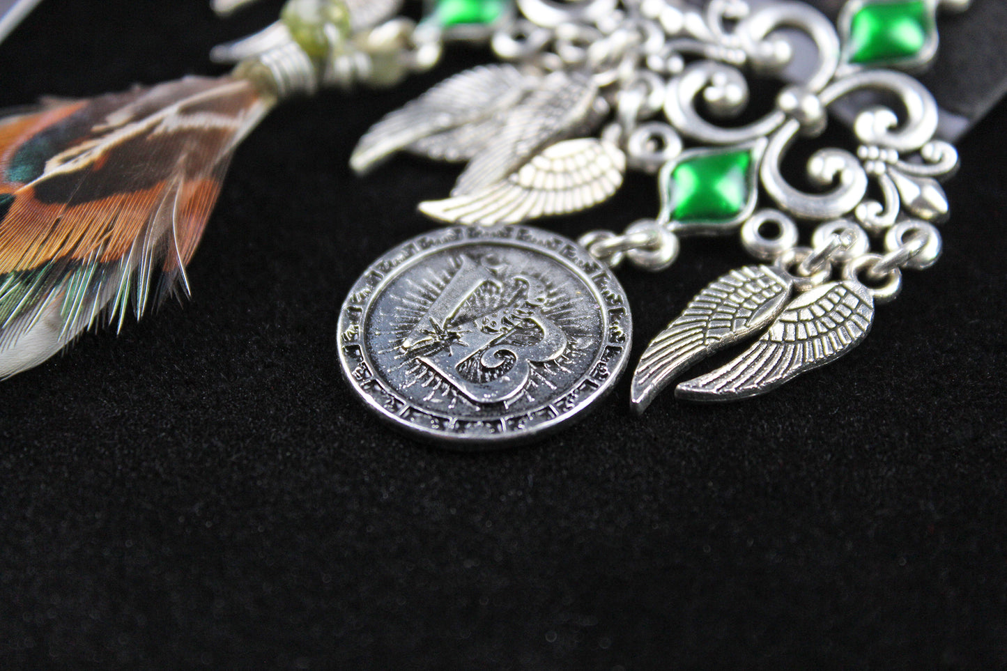 Emerald Forest Feather Earrings : Bohemian Style Feather Earrings With A Filigree Design