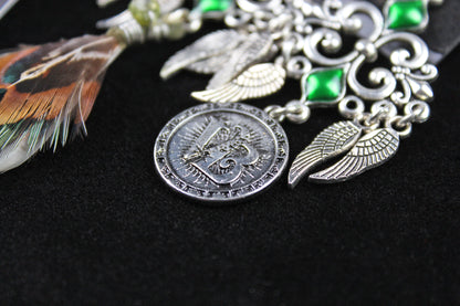Emerald Forest Feather Earrings : Bohemian Style Feather Earrings With A Filigree Design