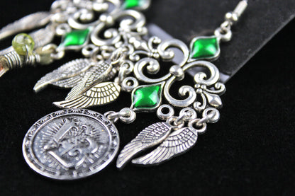 Emerald Forest Feather Earrings : Bohemian Style Feather Earrings With A Filigree Design