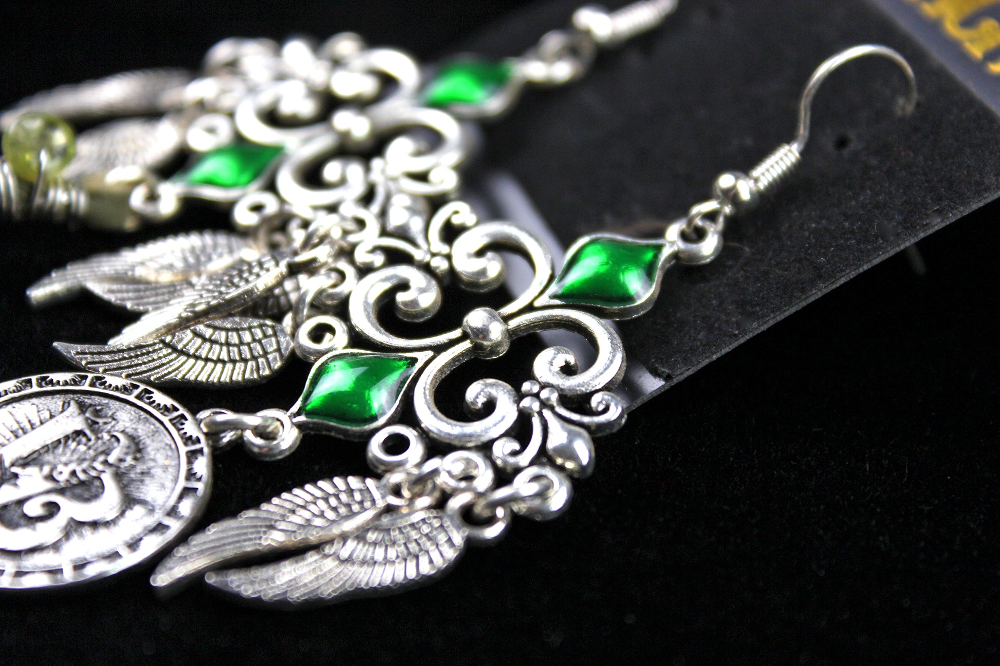 Emerald Forest Feather Earrings : Bohemian Style Feather Earrings With A Filigree Design