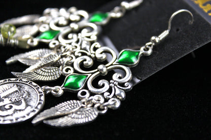Emerald Forest Feather Earrings : Bohemian Style Feather Earrings With A Filigree Design