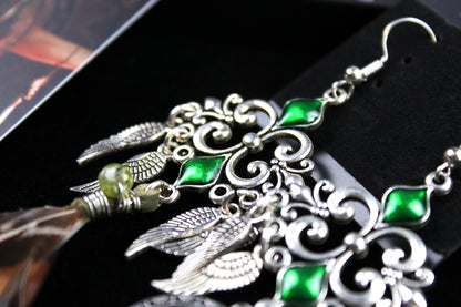 Emerald Forest Feather Earrings : Bohemian Style Feather Earrings With A Filigree Design