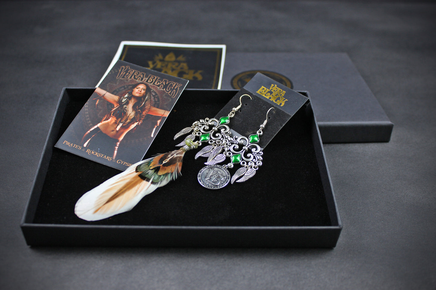 Emerald Forest Feather Earrings : Bohemian Style Feather Earrings With A Filigree Design