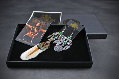 Emerald Forest Feather Earrings : Bohemian Style Feather Earrings With A Filigree Design