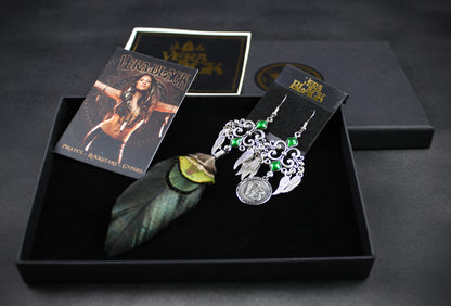 Safari Feather Earrings - Silver & Green Filigree Asymmetrical Green Feather Earrings