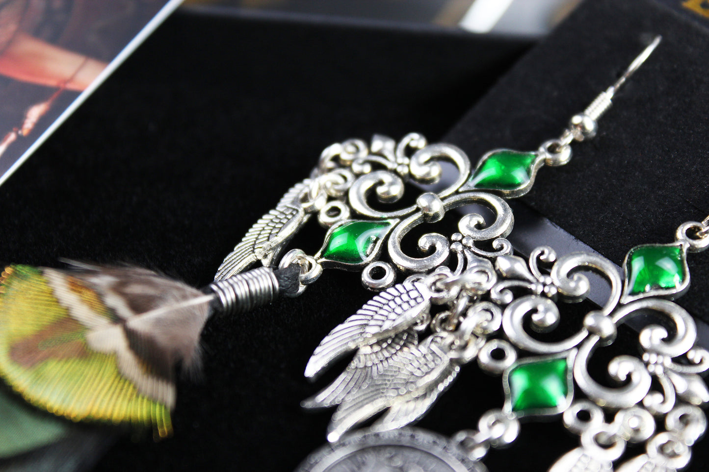 Safari Feather Earrings - Silver & Green Filigree Asymmetrical Green Feather Earrings