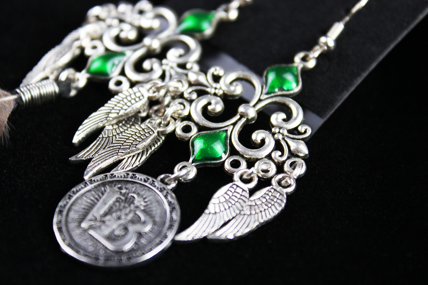 Safari Feather Earrings - Silver & Green Filigree Asymmetrical Green Feather Earrings