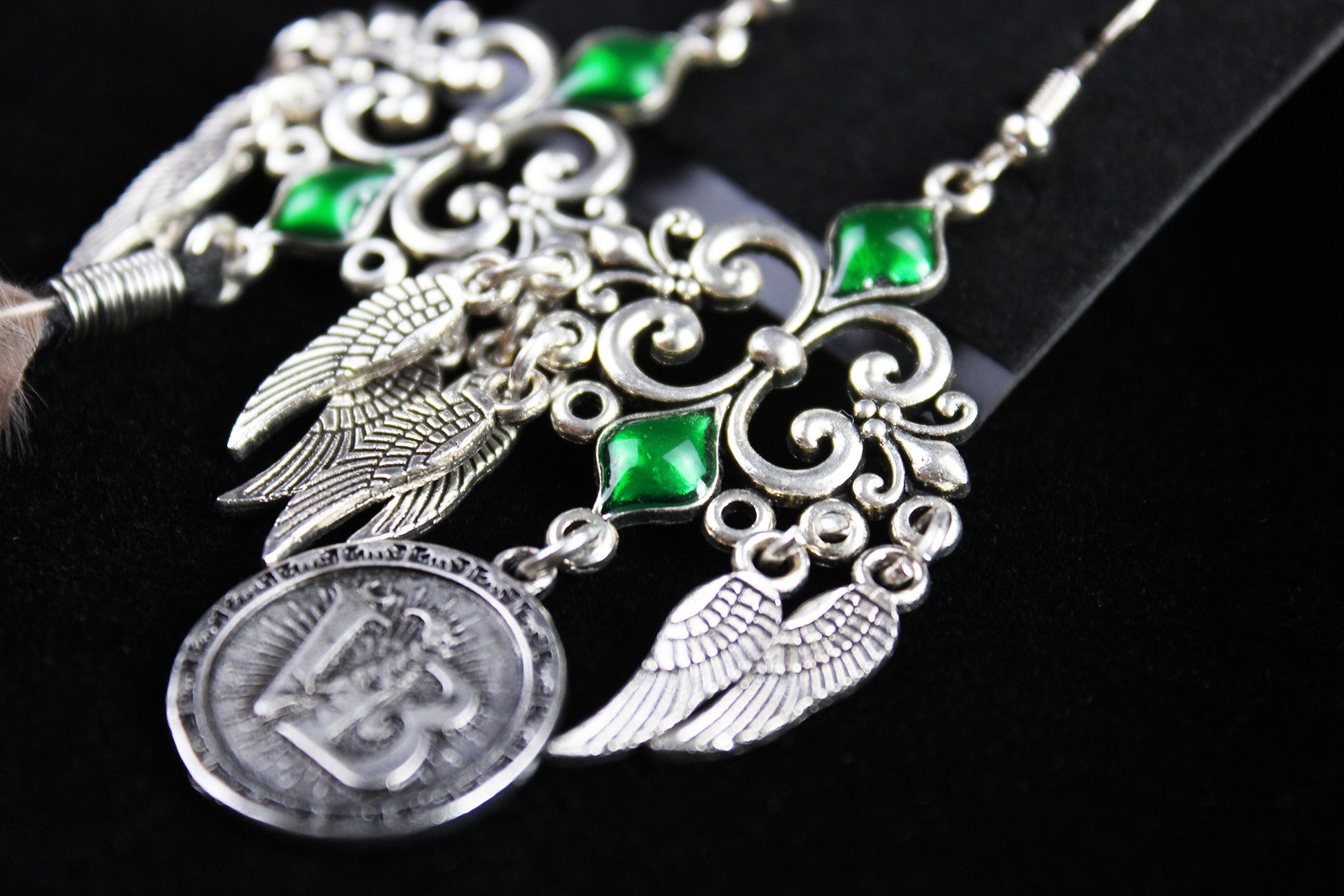 Safari Feather Earrings - Silver & Green Filigree Asymmetrical Green Feather Earrings