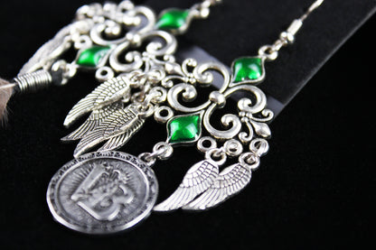 Safari Feather Earrings - Silver & Green Filigree Asymmetrical Green Feather Earrings