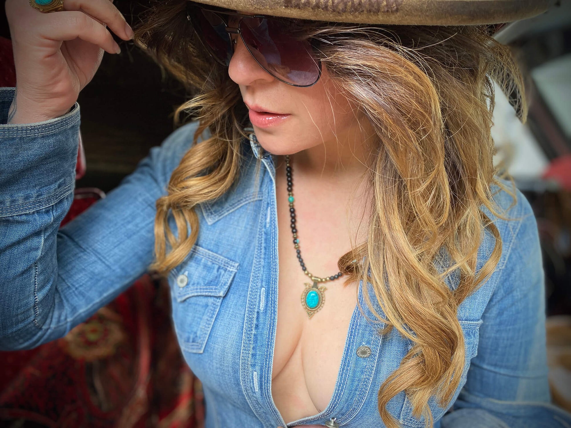 The Savannah Beaded Necklace - Short Country & Western Cowgirl Style Turquoise Black Bronze cowboy ebony wood rock n roll tribal style