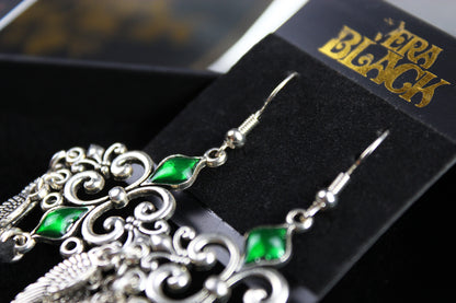 Safari Feather Earrings - Silver & Green Filigree Asymmetrical Green Feather Earrings