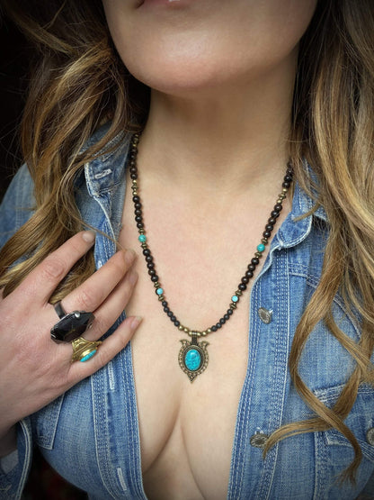 The Savannah Beaded Necklace - Short Country & Western Cowgirl Style Turquoise Black Bronze cowboy ebony wood rock n roll tribal style