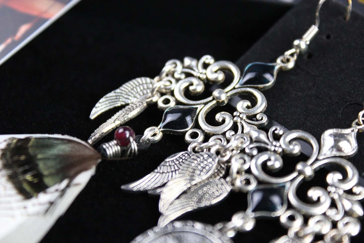White Bird Feather Earrings - Silver Filigree Asymmetrical White Feather Earrings