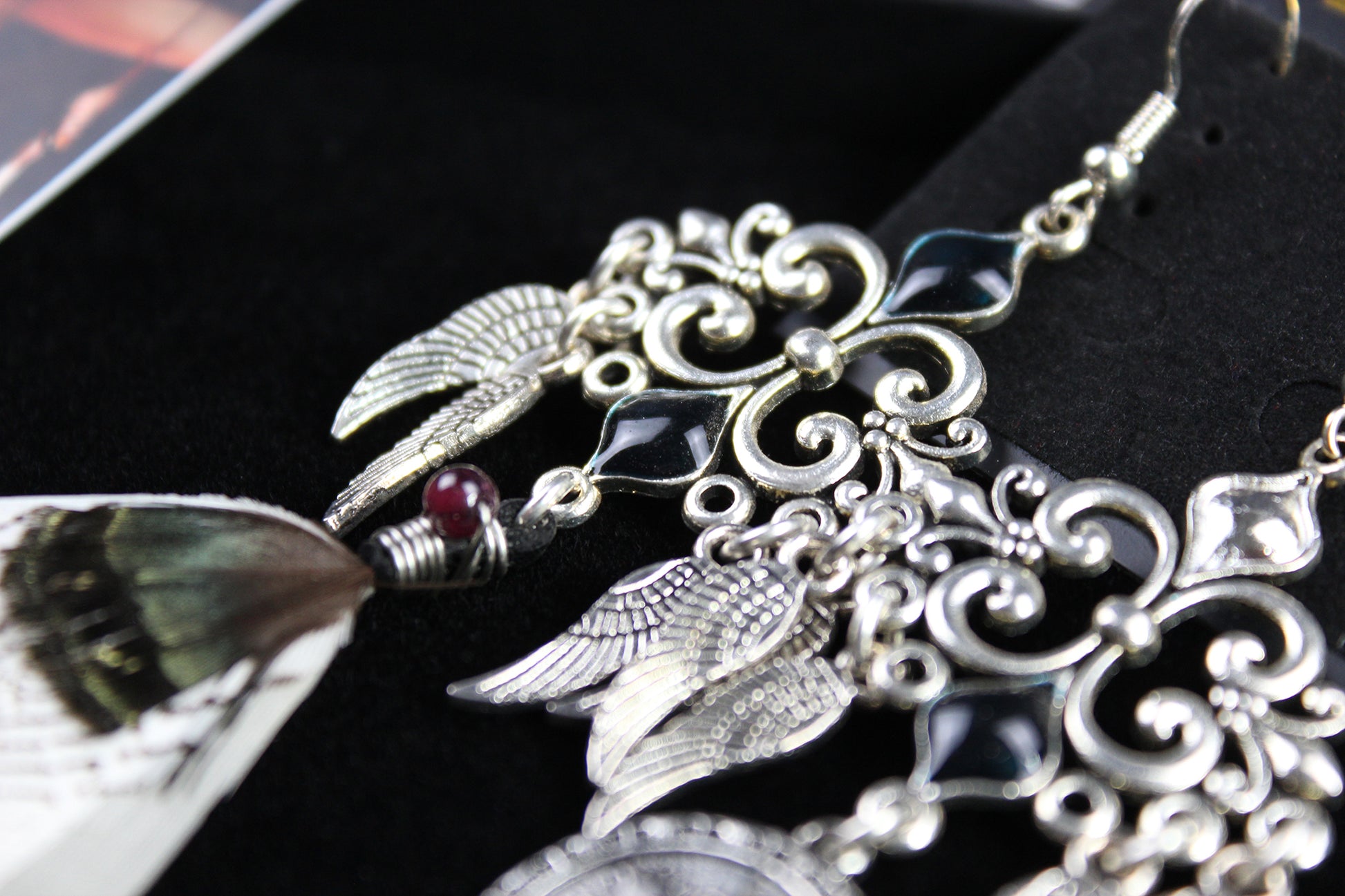 White Bird Feather Earrings - Silver Filigree Asymmetrical White Feather Earrings