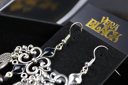 White Bird Feather Earrings - Silver Filigree Asymmetrical White Feather Earrings