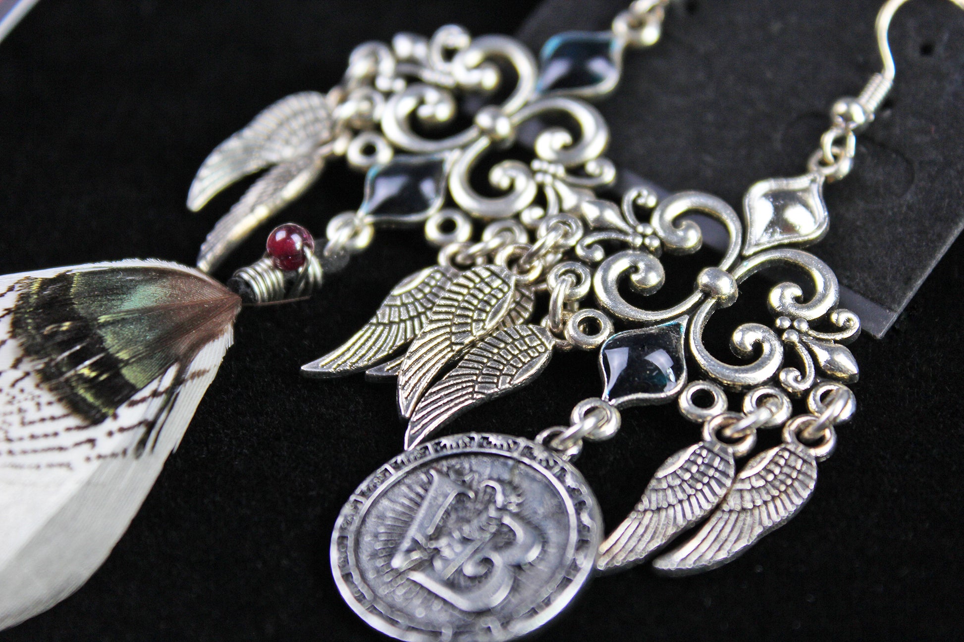 White Bird Feather Earrings - Silver Filigree Asymmetrical White Feather Earrings