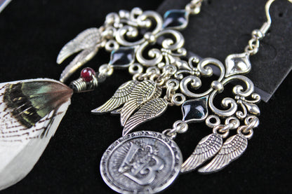 White Bird Feather Earrings - Silver Filigree Asymmetrical White Feather Earrings