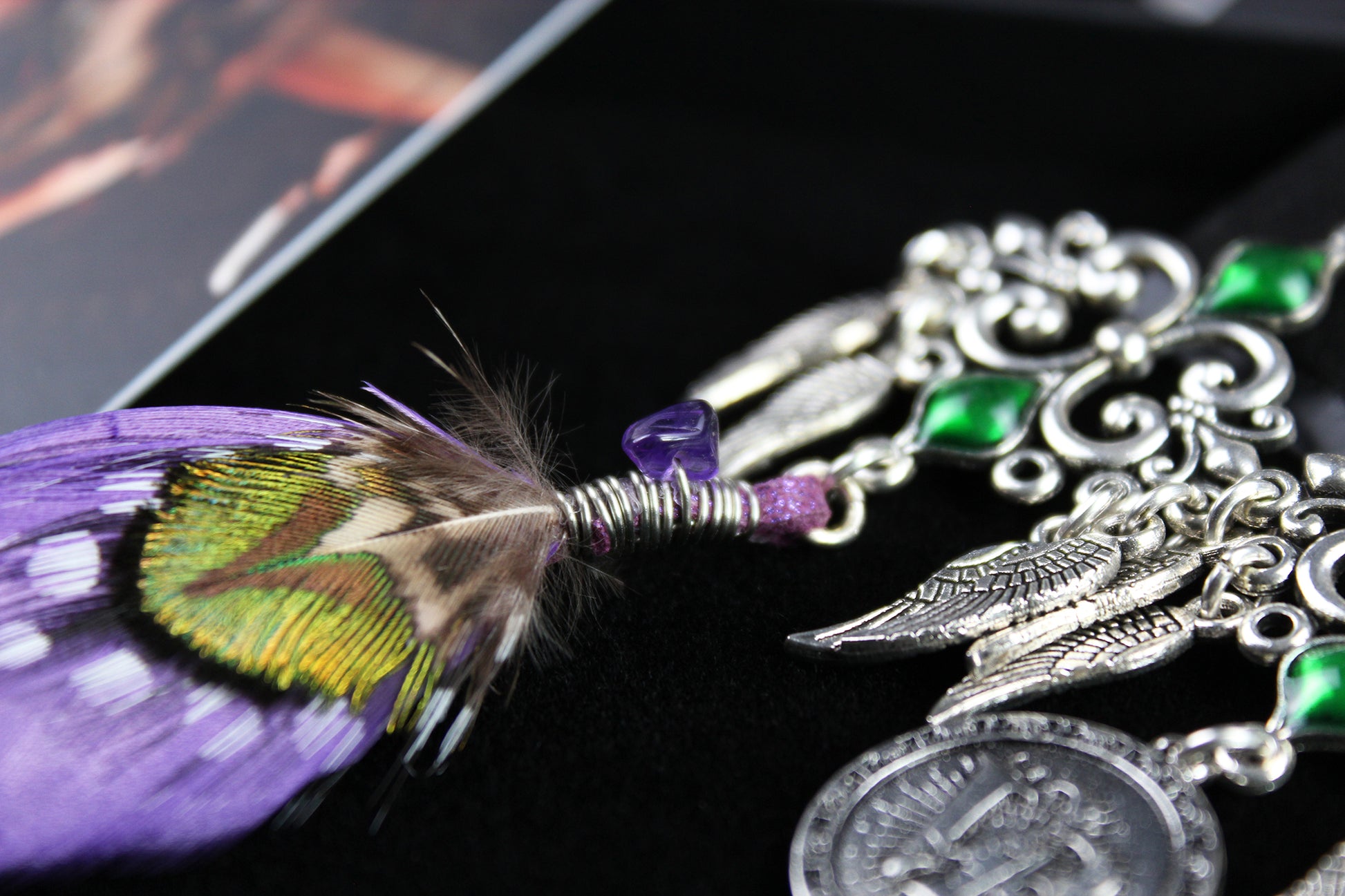 Purple Haze Feather Earrings - Silver & Purple Filigree Asymmetrical Purple Feather Earrings