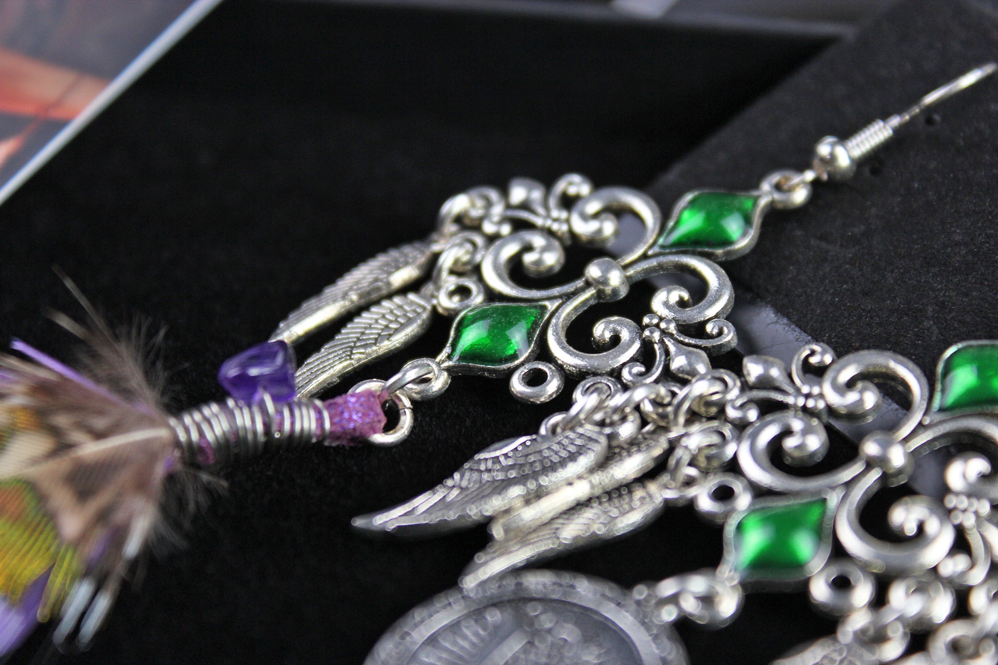 Purple Haze Feather Earrings - Silver & Purple Filigree Asymmetrical Purple Feather Earrings