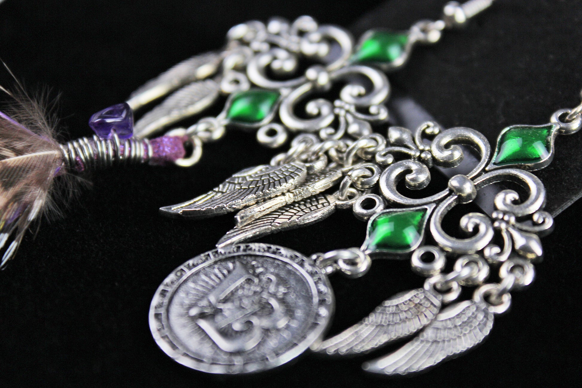 Purple Haze Feather Earrings - Silver & Purple Filigree Asymmetrical Purple Feather Earrings