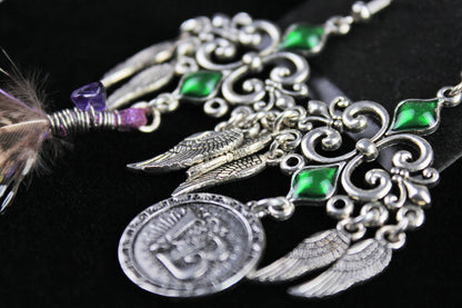 Purple Haze Feather Earrings - Silver & Purple Filigree Asymmetrical Purple Feather Earrings