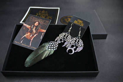 Black Smoke Feather Earrings - Black & Silver Filigree Asymmetrical Feather Earrings