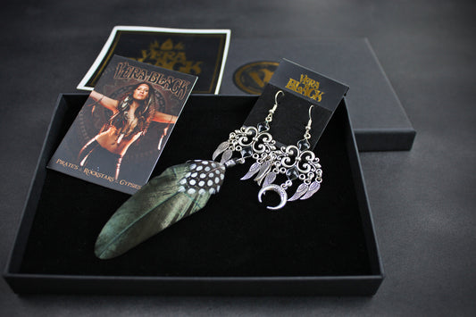 Black Smoke Feather Earrings - Black & Silver Filigree Asymmetrical Feather Earrings