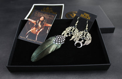Black Smoke Feather Earrings - Black & Silver Filigree Asymmetrical Feather Earrings