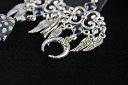 Black Smoke Feather Earrings - Black & Silver Filigree Asymmetrical Feather Earrings
