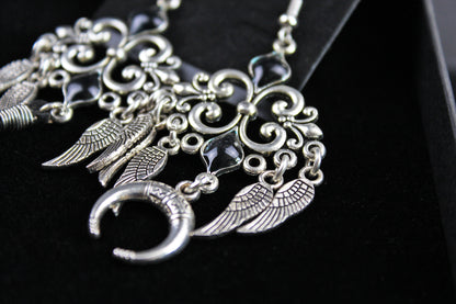 Black Smoke Feather Earrings - Black & Silver Filigree Asymmetrical Feather Earrings