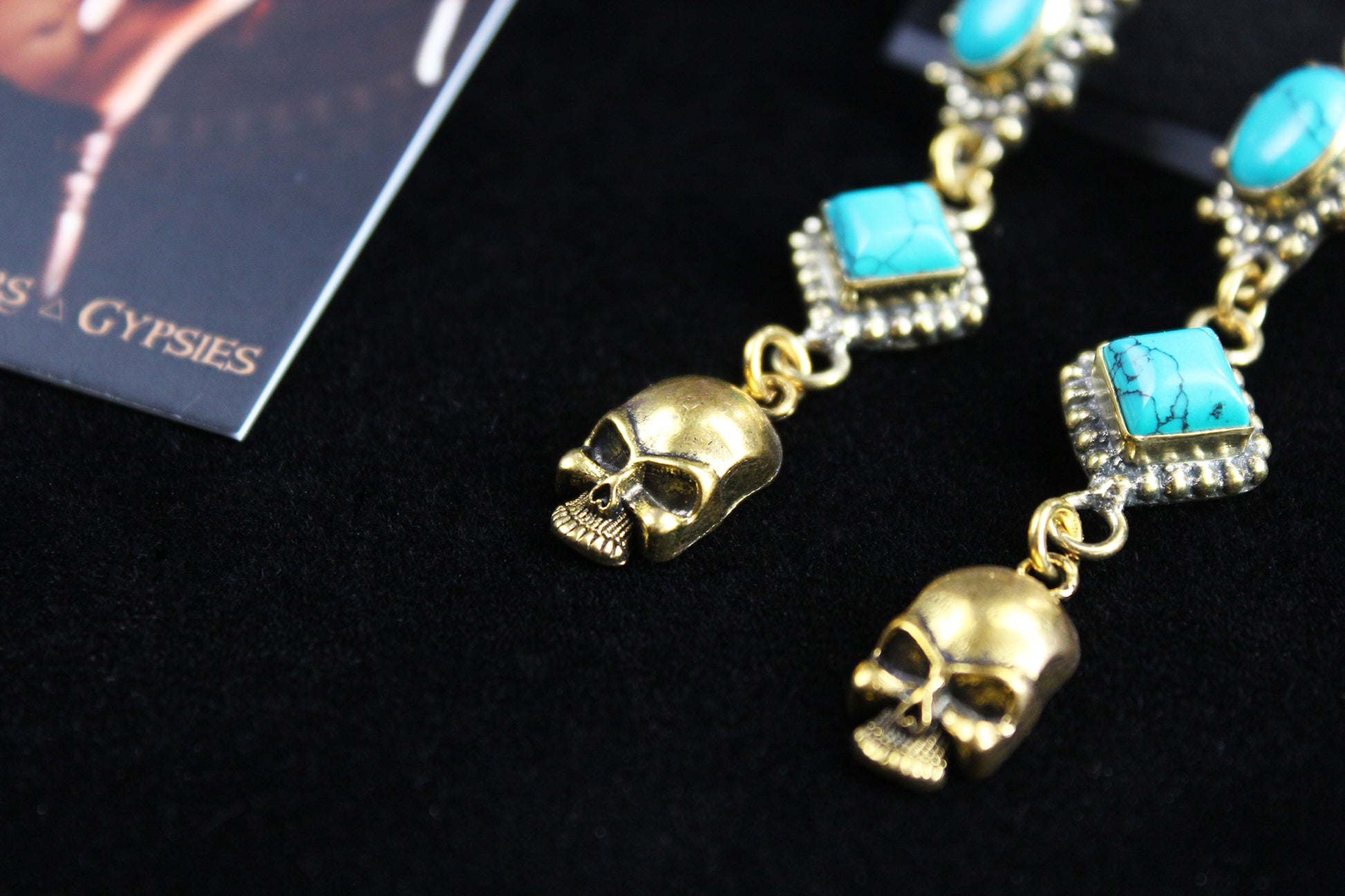 Turquoise Skull Earrings: Triple Layer Gold & Turquoise Dangle Drop Earrings