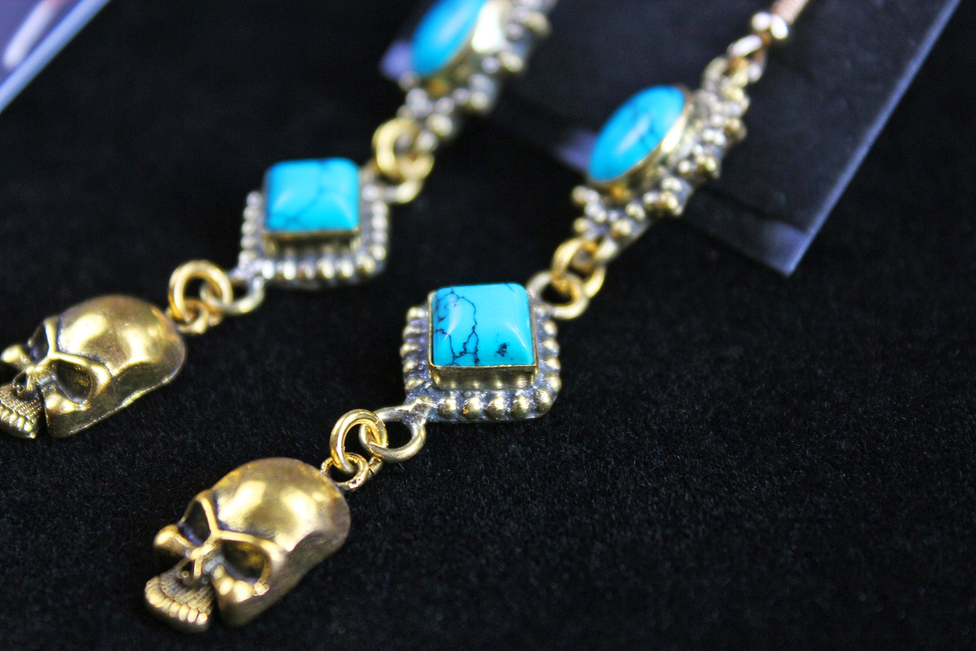 Turquoise Skull Earrings: Triple Layer Gold & Turquoise Dangle Drop Earrings