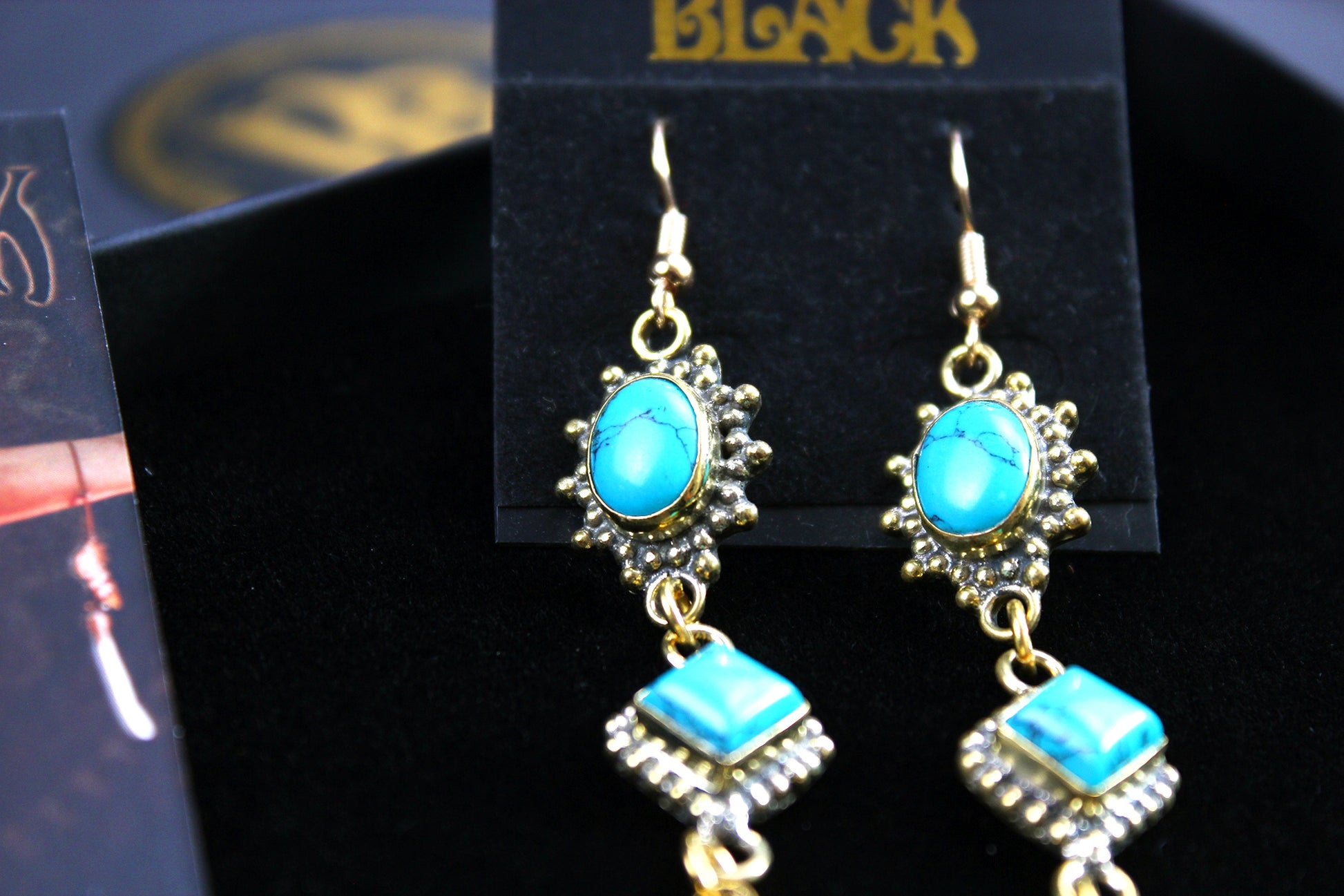Turquoise Skull Earrings: Triple Layer Gold & Turquoise Dangle Drop Earrings