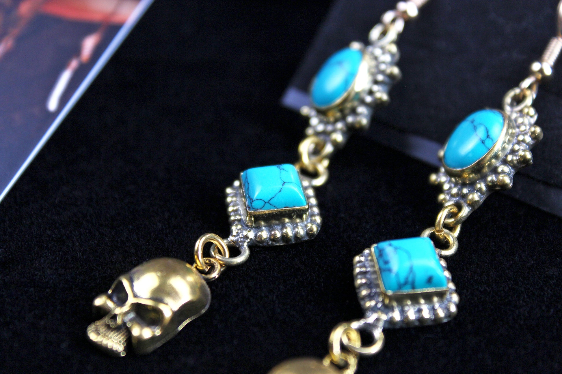 Turquoise Skull Earrings: Triple Layer Gold & Turquoise Dangle Drop Earrings