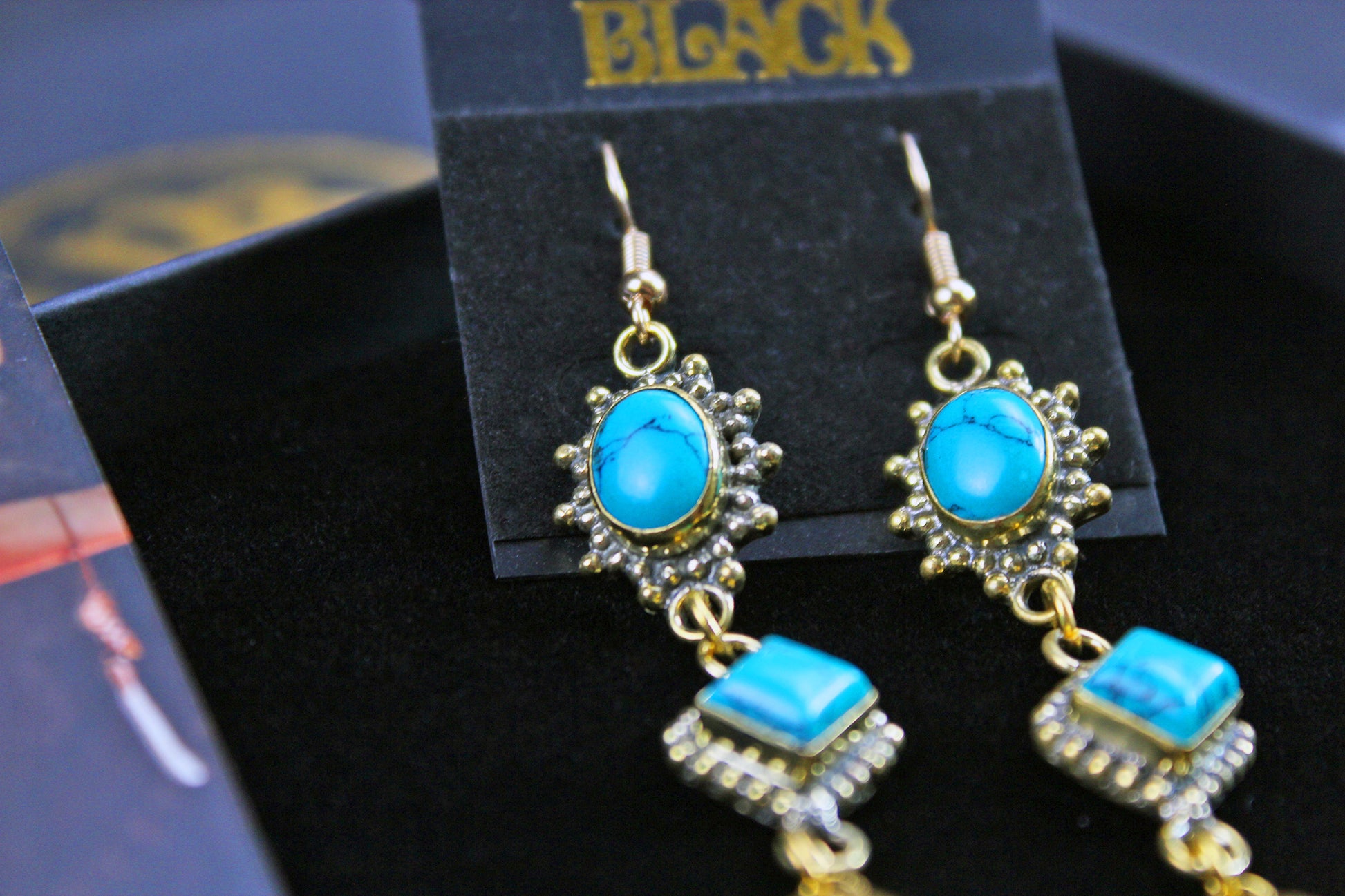 Turquoise Skull Earrings: Triple Layer Gold & Turquoise Dangle Drop Earrings