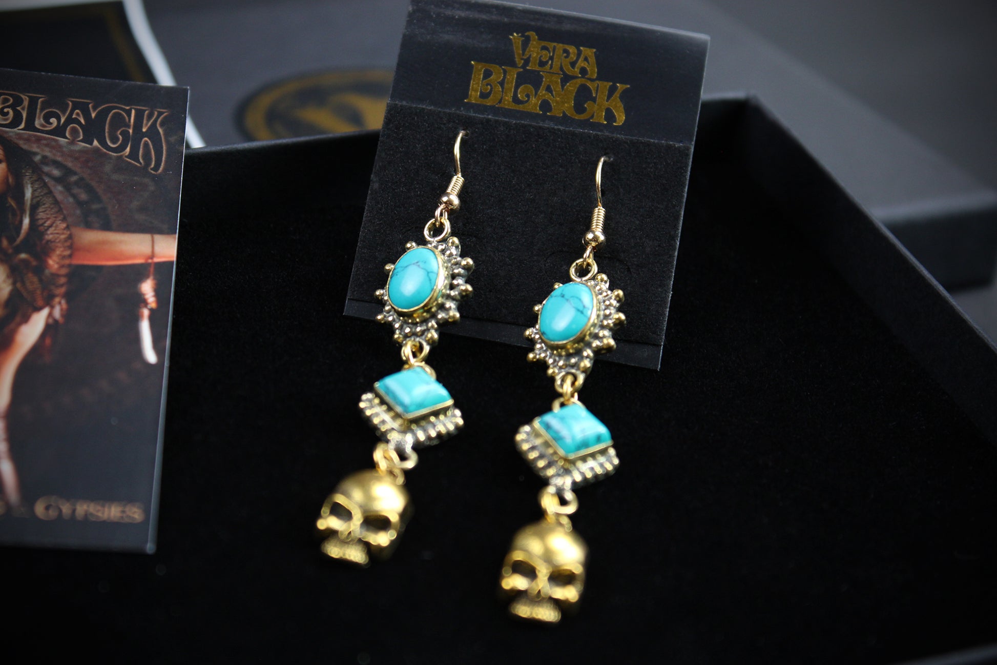 Turquoise Skull Earrings: Triple Layer Gold & Turquoise Dangle Drop Earrings