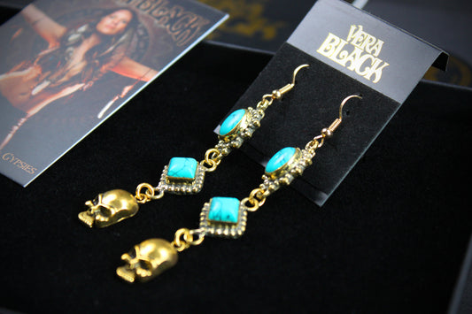 Turquoise Skull Earrings: Triple Layer Gold & Turquoise Dangle Drop Earrings