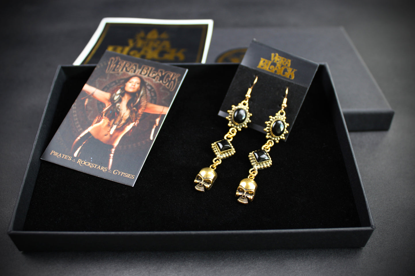 Black Onyx Skull Earrings: Triple Layer Gold & Black Dangle Drop Earrings