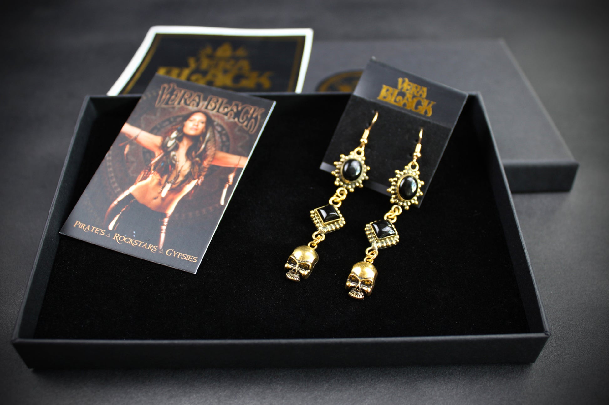 Black Onyx Skull Earrings: Triple Layer Gold & Black Dangle Drop Earrings