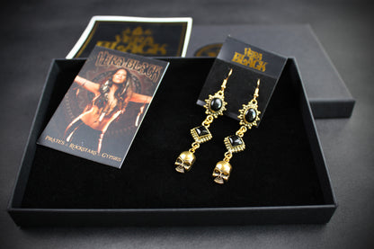 Black Onyx Skull Earrings: Triple Layer Gold & Black Dangle Drop Earrings