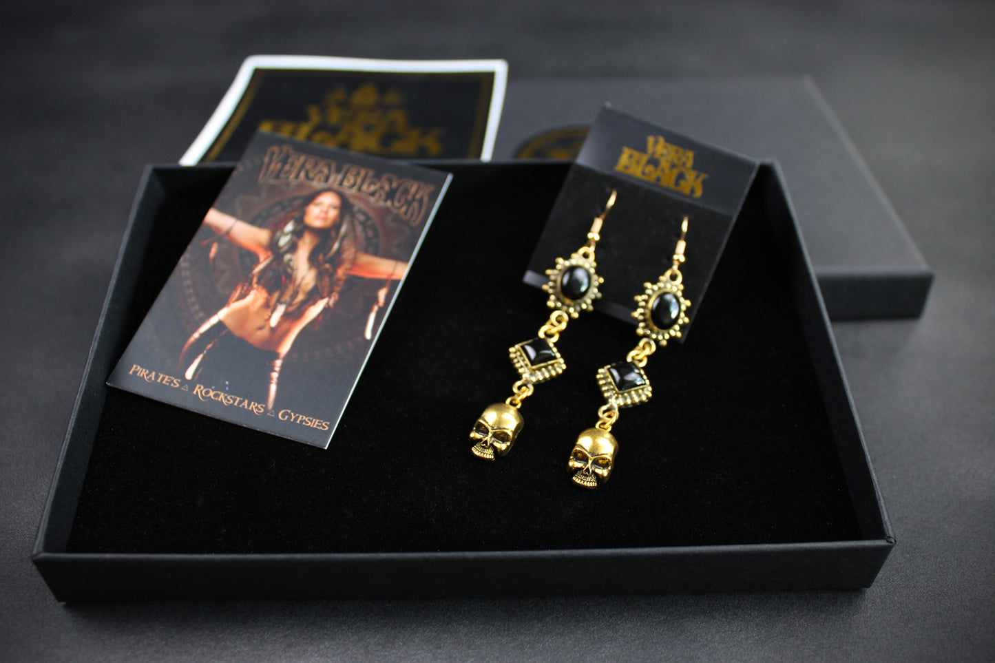 Black Onyx Skull Earrings: Triple Layer Gold & Black Dangle Drop Earrings