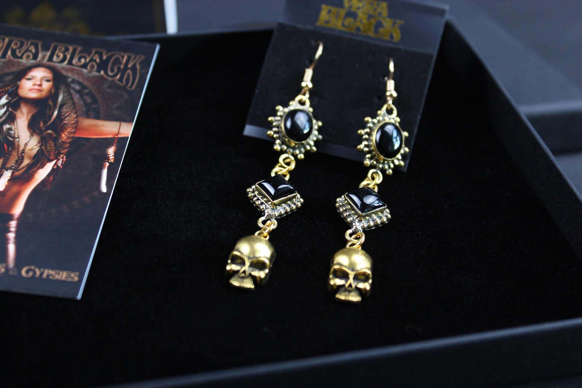 Black Onyx Skull Earrings: Triple Layer Gold & Black Dangle Drop Earrings