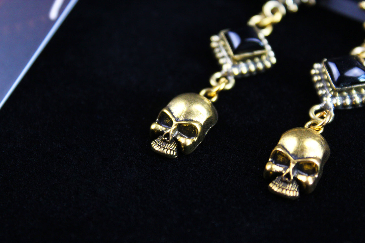 Black Onyx Skull Earrings: Triple Layer Gold & Black Dangle Drop Earrings